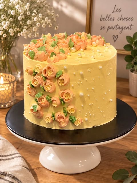 Gâteau Gourmi’ness jaune pâle décoré de fleurs couleur pêche